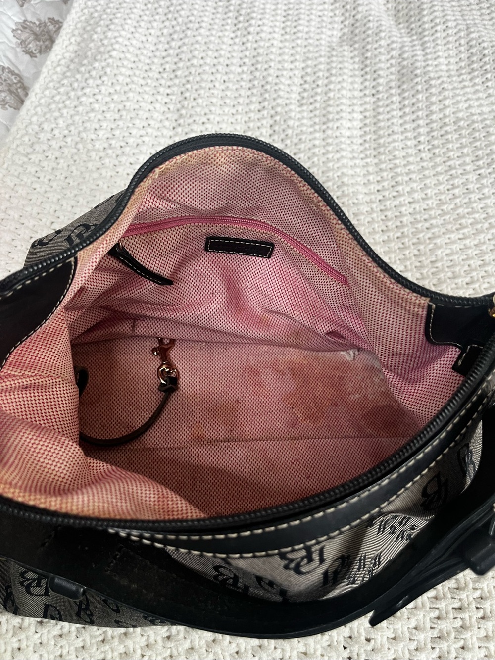 Dooney & Bourke Canvas Gray Logo Jacquard Shoulder Hobo Bag Black Leather Trim - Picture 15 of 16